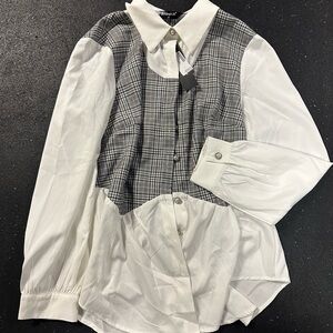 NWT Allegra K Plaid and White Button-Up Blouse